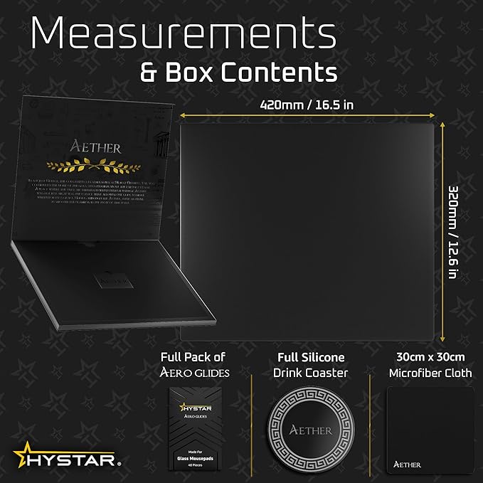 Hystar Aether Glass Gaming Mousepad | Micro-Etched Tempered Glass | Quiet, Ultra-Fast Glide | Full Anti-Slip Silicone Backing (Black, Large)