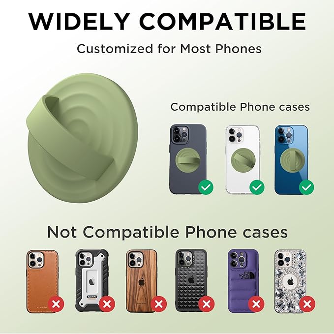 Magnetic Phone Ring Grip Holder, Silicone Finger Loop Grip, Compatible with MasSafe, Back of Phone for iPhone Pro Max/Plus/16/15/15/14/13/12 Series, Tea Green
