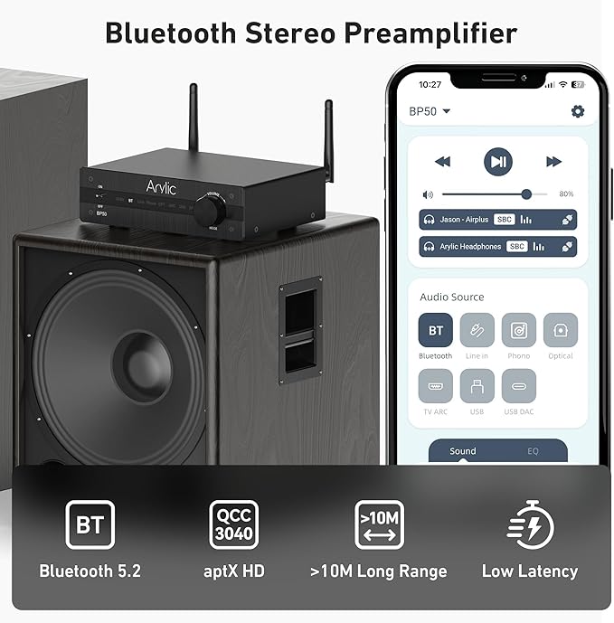 Arylic BP50 Bluetooth 5.2 aptX Home Audio Preamplifier with HDMI ARC, Phono Input and GO Control APP Audio Adapter with DAC, RCA outputs for AV Receiver.