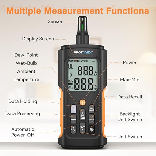 YT606 Temperature Humidity Meter High Precision Digital Hygrometer with Ambient, Relative Humidity, Dew Point, Wet Bulb Thermometer for Indoor Outdoor, Digital Thermometer Min/Max Hold, LCD Backlight