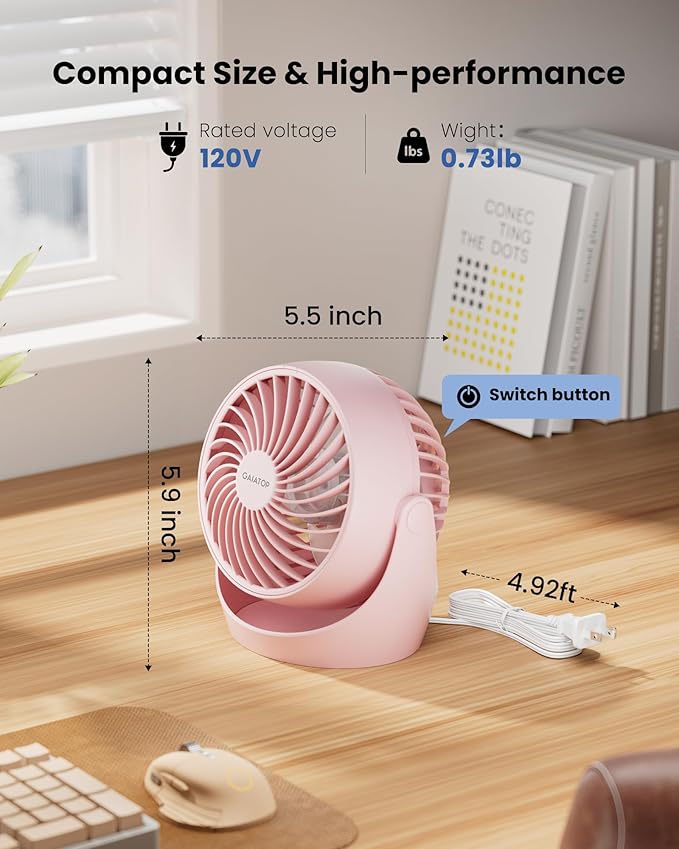 Gaiatop Desk Fan, 5-Inch Portable Electric Table Desktop Air Circulator Fans, Small but Powerful with 3 Speed 360° Adjustable Tilt for Cooling Home Dorm Office Bedroom Bathroom Kitchen, Pink