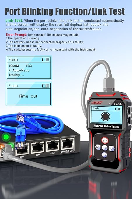 NF-8209S Network Cable Tester, RJ45 Ethernet Tester for POE/Cat5/Cat7/Cat6a/Cat6/Cat5e, Wire Mapper, Length, Open/Short, Wire Fault Locator, Ethernet LAN Network Toner Tool
