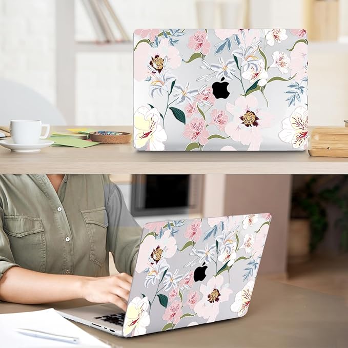 Compatible with MacBook Air 13.6 inch Case 2025 2024 2023 2022 Release M4 A3240 M3 A3113 M2 A2681 with Touch ID, Plastic Hard Shell Case&Keyboard Cover&Screen Film&Webcam Cover, Pink Floral