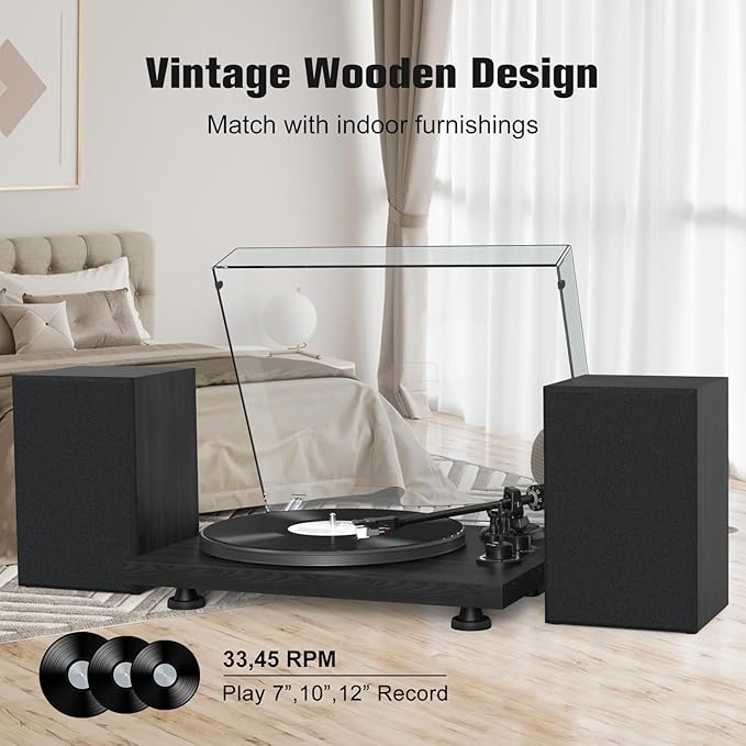 Udreamer Vinyl Record Player, Turntable with 40W Speakers, Bluetooth Input Output and USB Record, Vintage LP Player with AT-3600L Cartridge, Built-in Phono Preamp, Counterweight and Pitch, Black