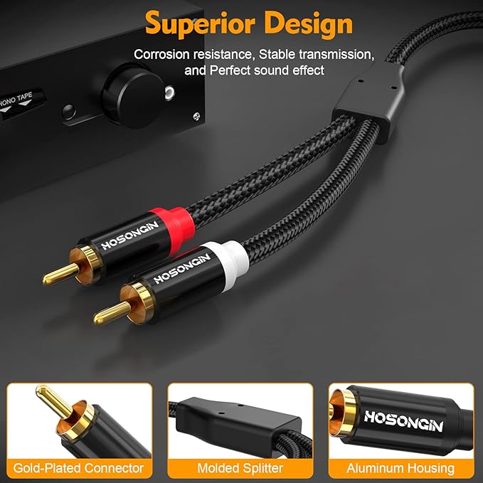 HOSONGIN RCA Cables 8FT 2 Pack[Hi-Fi Sound, Nylon Braided, Shielded], 2-Male to 2-Male RCA Audio Stereo Subwoofer Cable Auxiliary Cord for Home Theater, HDTV, Amplifiers, Hi-Fi Systems, Speakers