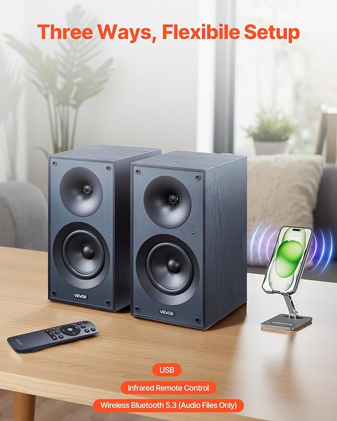 VEVOR Powered Bookshelf Speakers, 25W x 2, Active Studio Monitor Speaker with 5.25 Inch Woofer, Bluetooth/RCA/Coaxial/Optical/USB/Subwoofer Connection, Wooden Enclosure, for Record Player Turntable PC