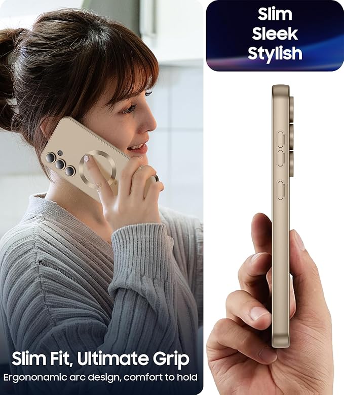Magnetic for Samsung Galaxy S24 Plus Case [Compatible with MagSafe][Built-in Camera Lens Protector] Slim Soft Silicone Bumper Shockproof Metallic Luster Phone Case (Gold)