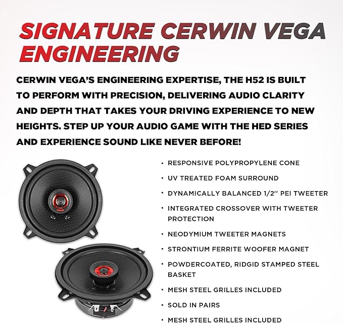 CERWIN-VEGA! HED 2025 Edition Coaxial Speaker – 5.25” 2-Way Coaxial Full Range Speaker System - H52