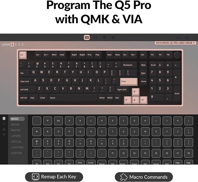 Keychron Q5 Pro QMK/VIA Wireless Custom Mechanical Keyboard, 96% Layout with Programmable Knob, KSA Double-Shot PBT Keycaps with Hot-swappable K Pro Brown Switch for Mac Windows Linux - Gray