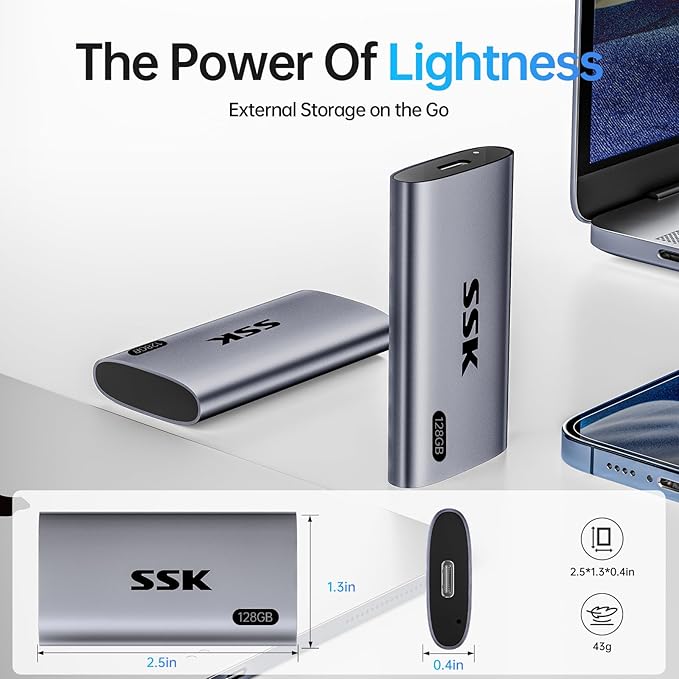 SSK 128GB SSD External Hard Drive, Portable SSD Up to 550MB/s Fast Solid State Drives, External Drive USB 3.2 Gen2 for iPhone 15/Pro, Windows, Mac, Android with LED Light, Trim, Smart Supported