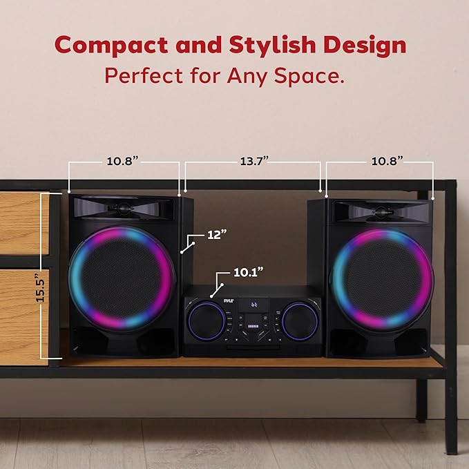 Pyle Mini Hi-Fi Bluetooth Stereo System – 3-Piece CD Player with Speakers, MP3, FM Radio, USB Recording, Subwoofer, DSP-Tech, Equalizer Settings, Compact Home Stereo System with Remote Control (Black)
