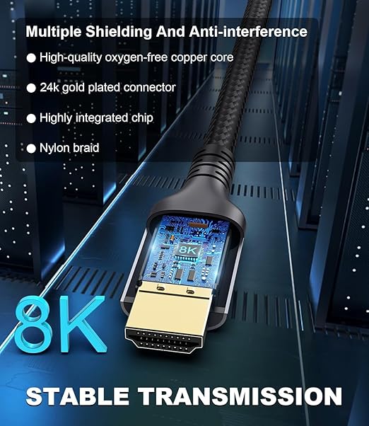 Certified 10K 8K HDMI 2.1 Cable 3.3 FT, 48Gbps Ultra High Speed HDMI Cable with Ethernet 4K 240Hz 165Hz 144Hz 120Hz 8K60Hz eARC HDCP2.3 HDR10+ PC Laptop TV Monitor Projector
