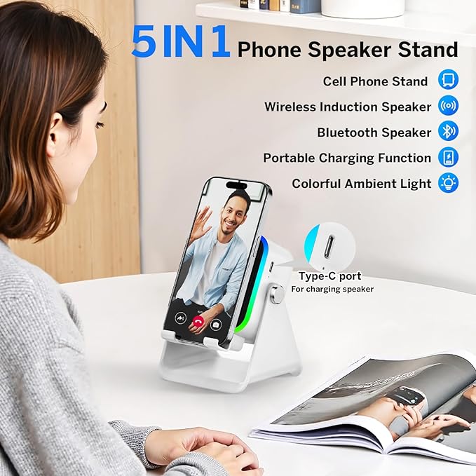 Wireless Induction Speaker 5-in-1 Bluetooth Speaker with Phone Stand,Stereo Sound, 3500mAh Rechargeable, 8 RGB Ambient Light, 360° Adjustable Holder for iPhone/Android/iPad,Gifts for Men Women (White)