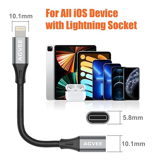 AGVEE 1ft Lightning Extension Cable, Braided Female to Male Extender Full Function Cord Compatible with iPhone iPad, Data Sync Video Audio & Charging Connector Adapter, Dark Gray