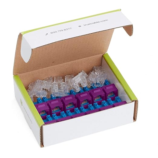 trueCABLE Cat5e Keystone Jack, Unshielded (UTP), 90 Degree Punch-Down, PoE++ (4PPoE) 100W, UL Listed, ETL Verified, ANSI/TIA Certified, Modular RJ45 Female, Purple, 12 Pack