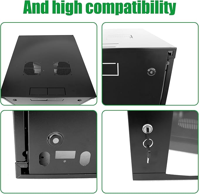 9U Server Cabinet Wall Mount Rack Enclosure with Caster Wheels 2 Server Fans Locking Glass Door Removable Side Panels 19" Network Cabinet 15-18.5" Installation Depth Heavy-Duty Frame(23INCH, 9U)