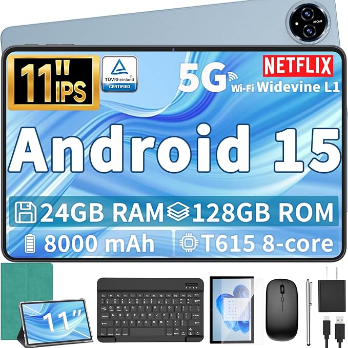 Android 15 Tablet, 11 inch Tablet with Keyboard, 24GB+128GB, 1TB Expand, Octa-Core, 2.4G/5G WiFi, 8000mAh, BT V5.0, GMS Certified, IPS Touch Screen, GPS, 2 in 1 with Case, Mouse, Stylus(Green)