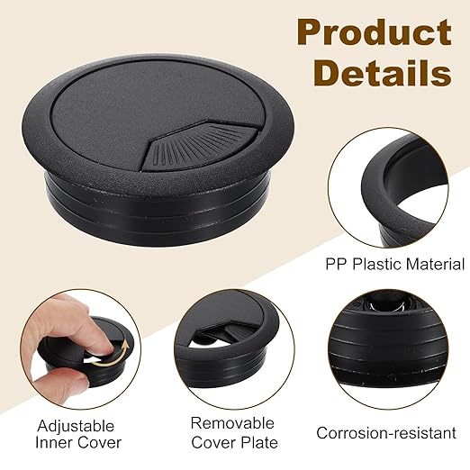 uxcell 5 Pcs 50mm (1.97 Inch) Desk Grommet, Plastic Cable Hole Cover, Wire Cord Cable Organizer for Home Office Computer Desk Cabinet, Black