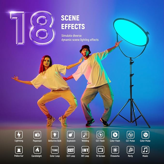 NEEWER 18" RGB LED Round Panel Video Light with APP Control, 65W 6000Lux/0.5m 2500K-8500K RGBCW Photography Studio Lighting /18 Scenes/V Battery Powered for Outdoor Filming Recording Streaming, GR18C