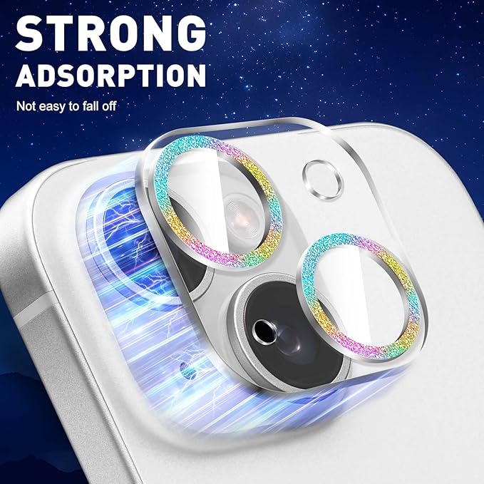 LucBuy 3PCS Sparkling Camera Lens Protector for iPhone 16/iPhone 16 Plus, Full Clear Acrylic Cover with Shiny Colorful Glitter Designed Decoration Back Camera Protector