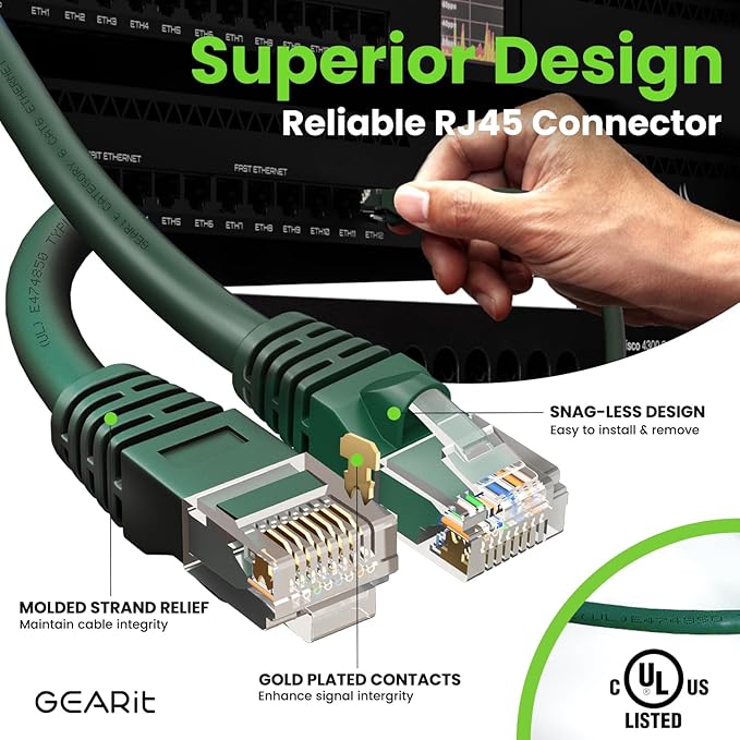 GearIT Cat 6 Ethernet Cable (10-Pack 6 Feet) Cat6 Network Patch, 10Gbps, RJ45, Snagless Cord, Gold-Plated Connectors, Internet for PC, TV, Tablet, Router, Printer, Servers, IT Data Center - Green