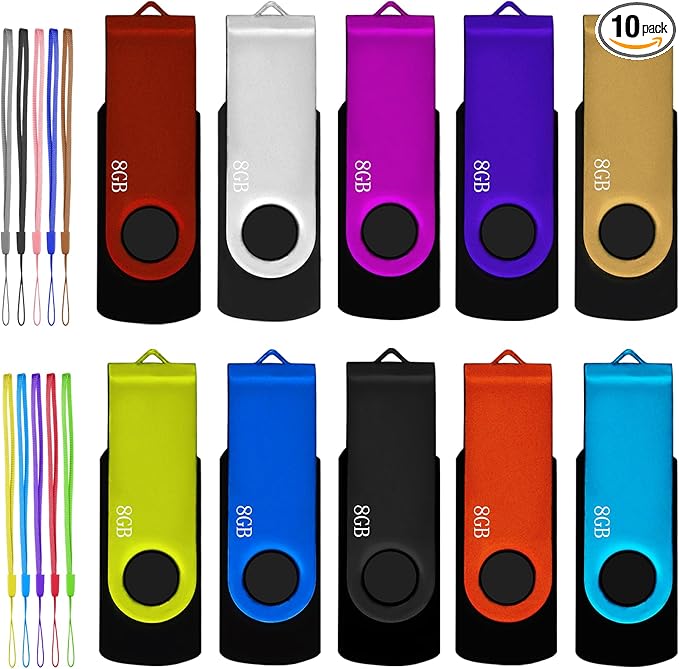8GB USB Flash Drive 10 Pack, Nicepicten USB 2.0 Thumb Drives Zip Drive USB 8GB Memory Stick Swivel Pendrive Jump Drives Multipack with 10PCS Lanyard for Events Office (Colorful 10Pack 8 GB)