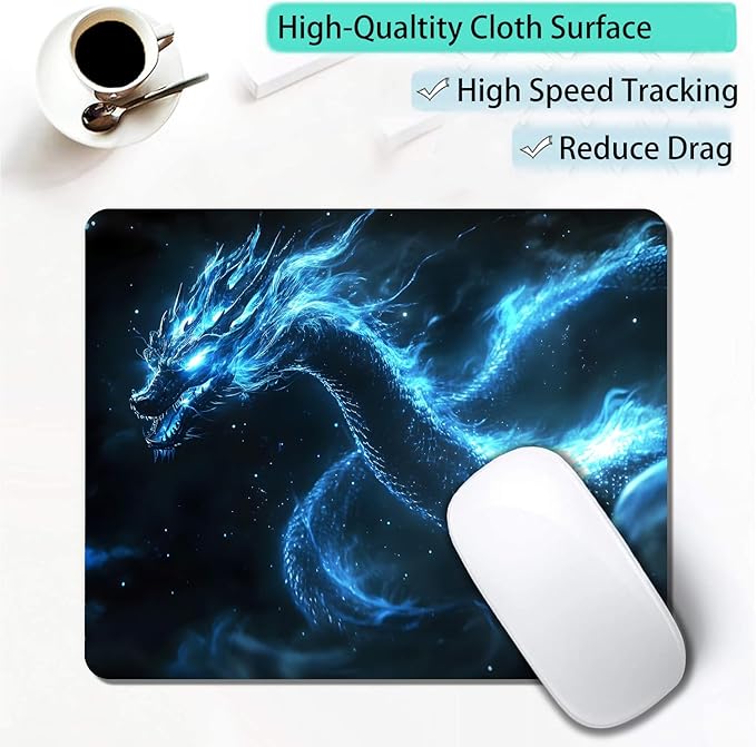 Witchy Blue Japanese Dragon Custom Mouse Pad with Non-Slip Rubber, Small Square Design for Wireless Laptop & Computer Mouse Pads for Desk, 9.5 x 7.9 inch Smooth Surface for Gaming & Office