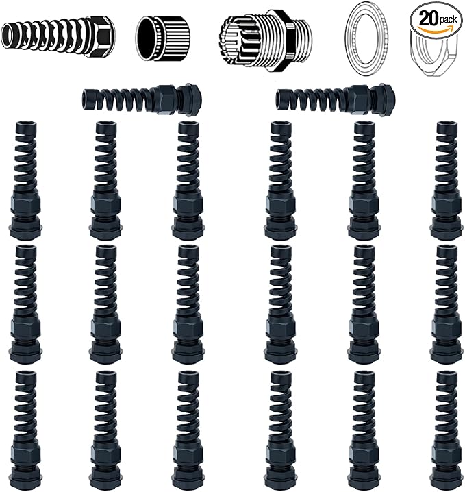 10 Pack Black Nylon Cable Gland, NPT 1/2" Thread, Made of PA66 Material, High Wear Resistance and Chemical Resistance (Black, PG9(20Pcs))