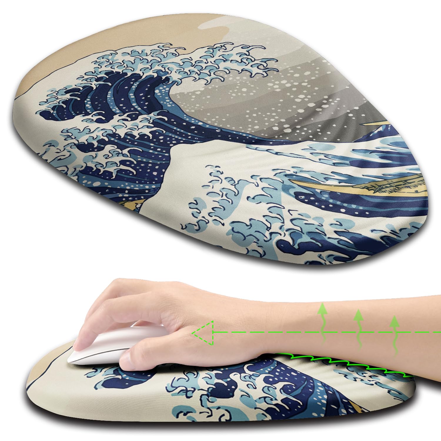 Armanza Ergonomic Mouse Pad Wrist Rest, Japanese Sea Wave Mouse Pad with Wrist Support, Memory Foam Massage Design & Non-Slip PU Base MousePads for Pain Relief, Desk, Office, Home, Kanagawa Wave