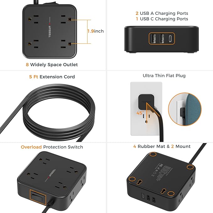 TESSAN Surge Protector Flat Plug Power Strip, Black Extension Cord, 8 AC Outlets, 3 USB Charger(1 USB C Port) 3 Side Outlet Extender, 5 Ft, 900 Joules Protection, Office Supplies, Dorm Essentials