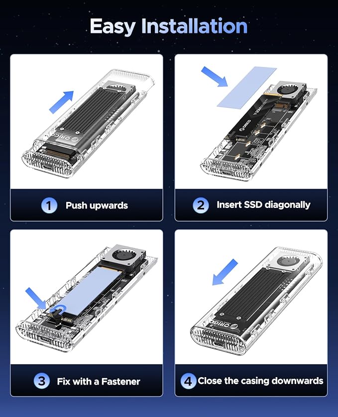 ORICO 40Gbps M.2 NVMe SSD Enclosure with Built-in Cooling Fan, Tool-Free External Hard Drive Enclosure, Support 2230 2242 2260 2280(M Key), Compatible with Thunderbolt 3/4 USB4/3.2/3.1/3.0/2.0-TCM2U4