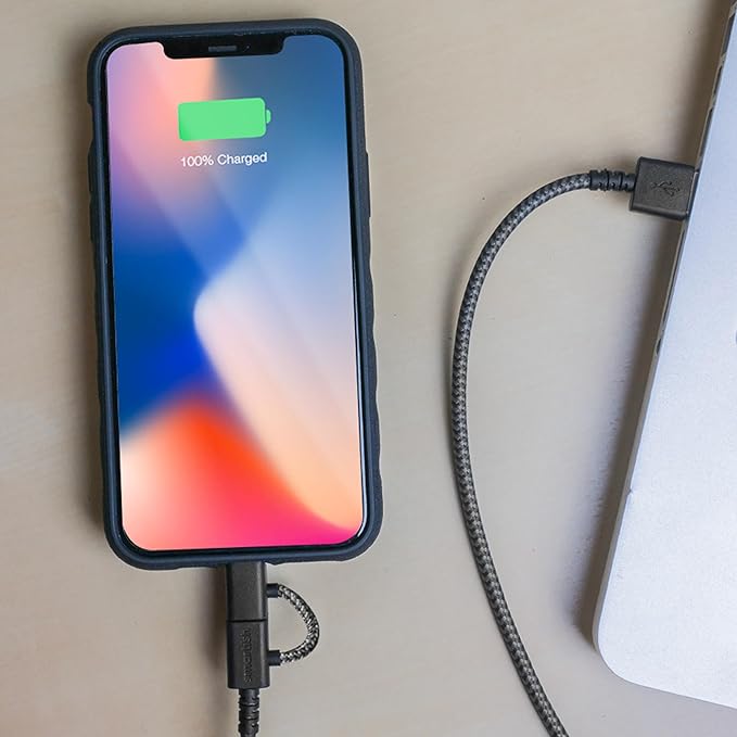Smartish USB-C/Lightning Cable for iPhone 16/15/14 - Crown Joule - 6 Foot Universal Fast Fabric Wrapped Charging Cable w/Micro-USB - Apple MFi Certified for iPhone 13/12/SE/iPad/AirPods/Android - Pink
