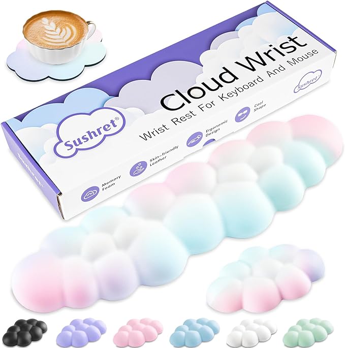 Cloud Wrist Rest Keyboard, Cloud Keyboard Wrist Pad Set with PU Leather Memory Foam, Cute Arm Rest for Palm Support, PC/Gaming Desk Accessories/Office Setup/Computer Hand Cushion - Rainbow