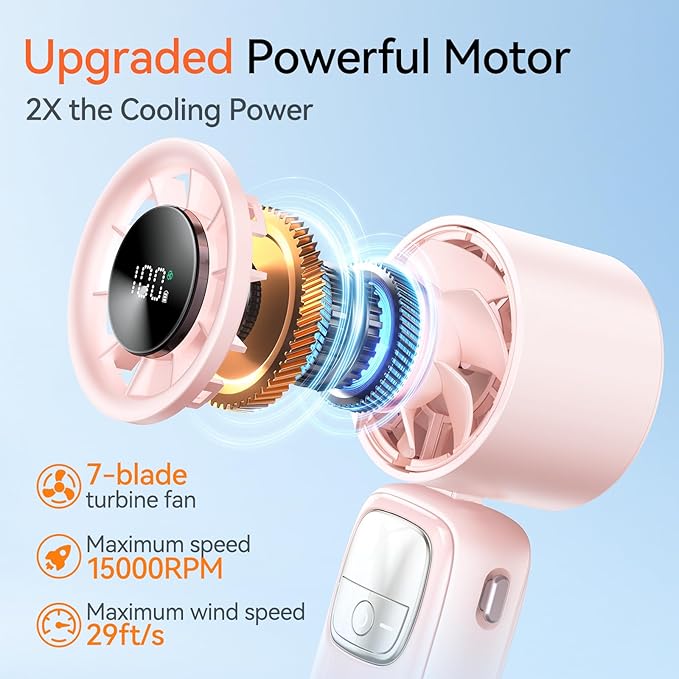 3-in-1 Portable Handheld Turbo Fan-100 Speeds, 15000 RPM, 10Hrs Cooling, LED Display, 90° Rotation, USB Rechargeable Battery Powered, Mini Foldable Hand Held Personal Fan for Women Men (Pink)