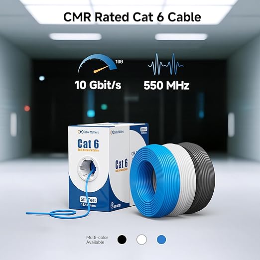 Cable Matters [UL Listed] 10Gbps in-Wall Riser Rated (CMR) 23AWG Bare Copper Cat6 Ethernet Cable - 500ft, Cat 6 Ethernet Cable Spool, Cat 6 Cord Bulk, Black