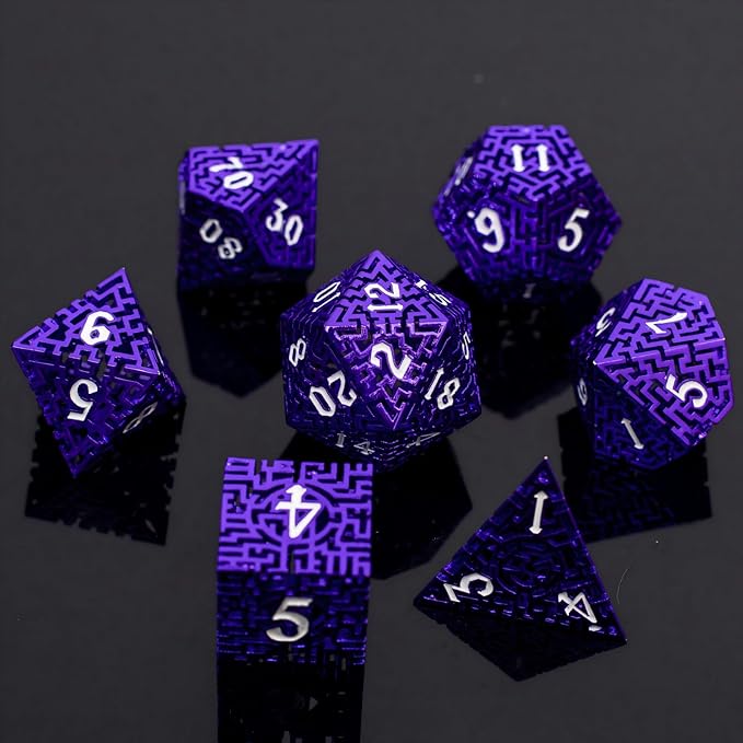 Purple Metal Hollow DND Dice Set (Warlock) Metallic Luster Maze Design with Storage Box - Balanced Weight 7 Piece Zinc Alloy, Designed for Dungeons and Dragons DM Player RPG Accessories