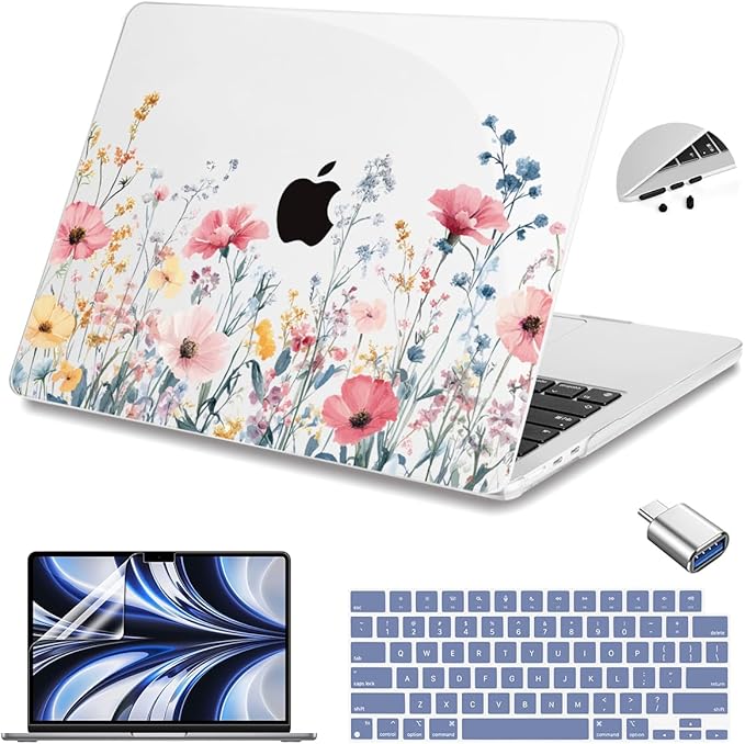 Teryeefi for MacBook Air 13.6 inch Case M4 A3240/M3 A3113/M2 A2681 (Released 2025 to 2022), Hard Shell + Keyboard Cover+ Screen Protector+Dustplug + Type-C Adapter, Wild Flowers A010