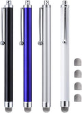 Stylus, 4 Pcs 5.0 Inch Mesh Fiber Tip Stylus Pens for Touch Screen, Compatible with iPad, iPhone, Kindle Fire, 4 Extra Replaceable Hybrid Fiber Tips (White, Black, Silver, Blue)