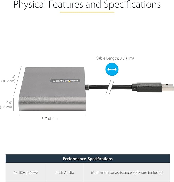 StarTech.com USB 3.0 to Quad HDMI Adapter, USB to 4x HDMI Monitor Converter for Windows, TAA (no support for macOS/ChromeOS/Linux)