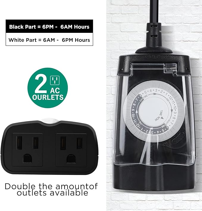 G-Homa 24 Hour Mechanical Outdoor Timer Outlet, Outdoor Timer for Lights, Waterproof, 2 Grounded Outlets, 15A 1/2HP, Heavy Duty, ETL Listed
