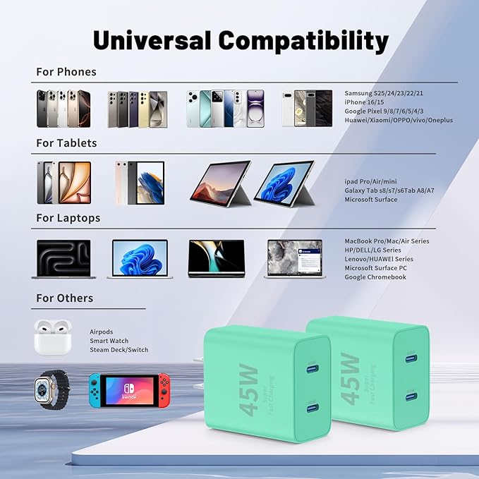 Super Fast Samsung Charger Type C,45W Dual Port USB C Fast Charger Block [2-Pack] & Extra Long 60W 3/6/6/10FT USB C Cable - PD Quick Charging 3.0 for Samsung Galaxy S25 Ultra/S24+/S23 iPhone 16