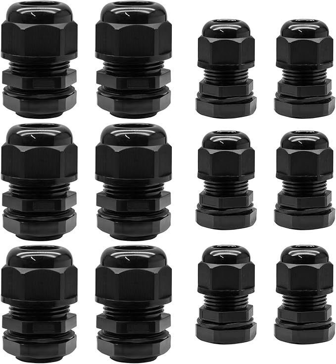12 Pcs Nylon Cable Glands, Black Strain Relief Cable Cord Connector IP68 Waterproof Junction Box Wire Protectors Adjustable (6 Pcs 3/4" NPT + 6 Pcs 1/2" NPT)