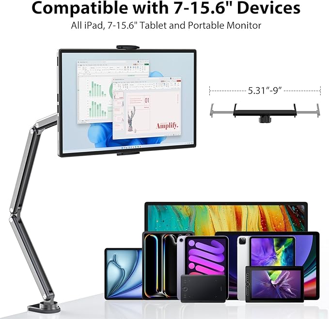 KU XIU Aluminum Alloy Tablet Stand for Desk, Adjustable Foldable Arm Holder Mount Compatible with iPad 10/9th, iPad 13/12.9/11'' Pro Air Mini, Portable Monitor 7-15.6'', Samsung Galaxy Tab S9/FE/A9/S6