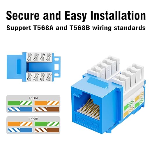 iwillink 10Gbps Cat6 Keystone Jack and Punch-Down Stand, 50-Pack, RJ45 Ethernet Keystone Jacks, 90-Degree UTP Modular Punch Down Keystone Jack Adapter, Blue