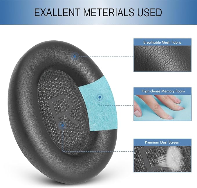 GEVO Replacement Ear Pads for Bose QC45, Ear Cushions for Bose QuietComfort 45 (QC45) & Quiet Comfort SE (QC SE) Headphones, Earpads with Softer Leather Noise Isolation Foam (Gray)