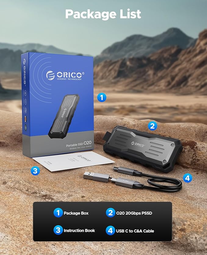 ORICO 512GB External SSD Up to 2000MB/s, Interface Extra Protection, Waterproof and Dust-Proof, Rugged and Reliable Outdoor Portable Solid State Drives for Action Camera, Smartphone, Laptop - O20