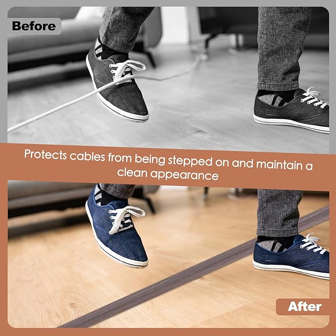 Floor Cord Cover for Wires on Floor Self Adhesive Cord Hider Floor Cable Management Wire Covers for Cords Protector Prevent Cable Trips Cord Cavity W 0.32" x H 0.32", Grayish Brown Wood, 20Ft
