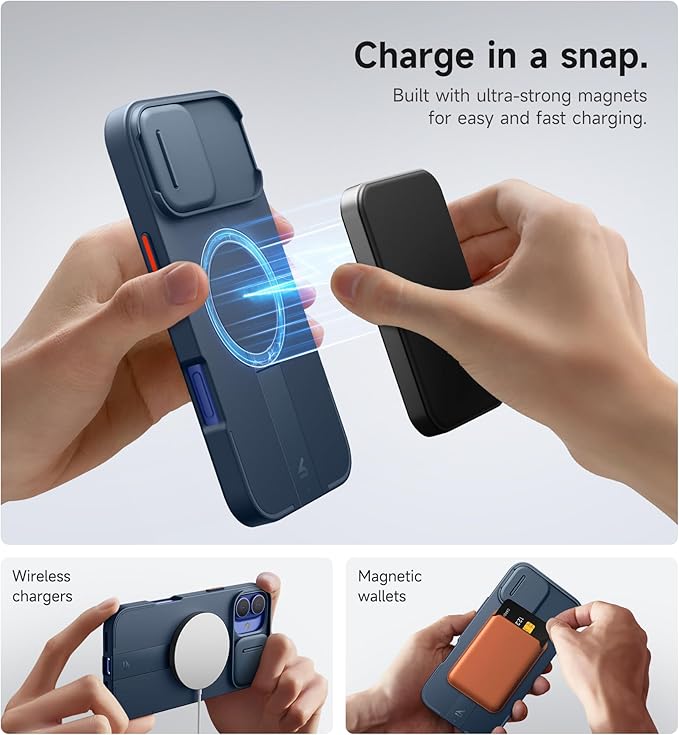 SURITCH for iPhone 16 Plus Case with Magnetic Camera Slide Cover and Adjustable Kickstand, Compatible with MagSafe, Shockproof Bumper Case Slim Protective Cover for iPhone 16 Plus 6.7 Inch, Blue