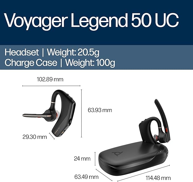 POLY Voyager Legend 50 UC Bluetooth Headset with Charging Case - 4 Noise-Canceling Mics, AI NoiseBlockAI & WindSmart Tech - Bluetooth Headphones with Mic, Smart Call Controls, All-Day Comfort