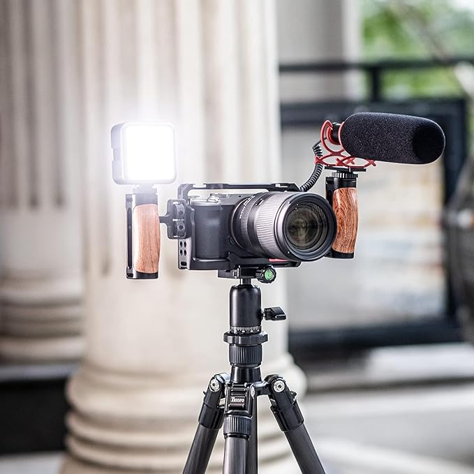R075 Wooden Handle Grip Left Right Compatible for Sony A6400 A6600 A7III A7IV Nikon Canon Panasonic Camera Cage, for iPhone/Smartphone Video Rig Video-graphy Accessories Mobile Filming 1/4" Bracket